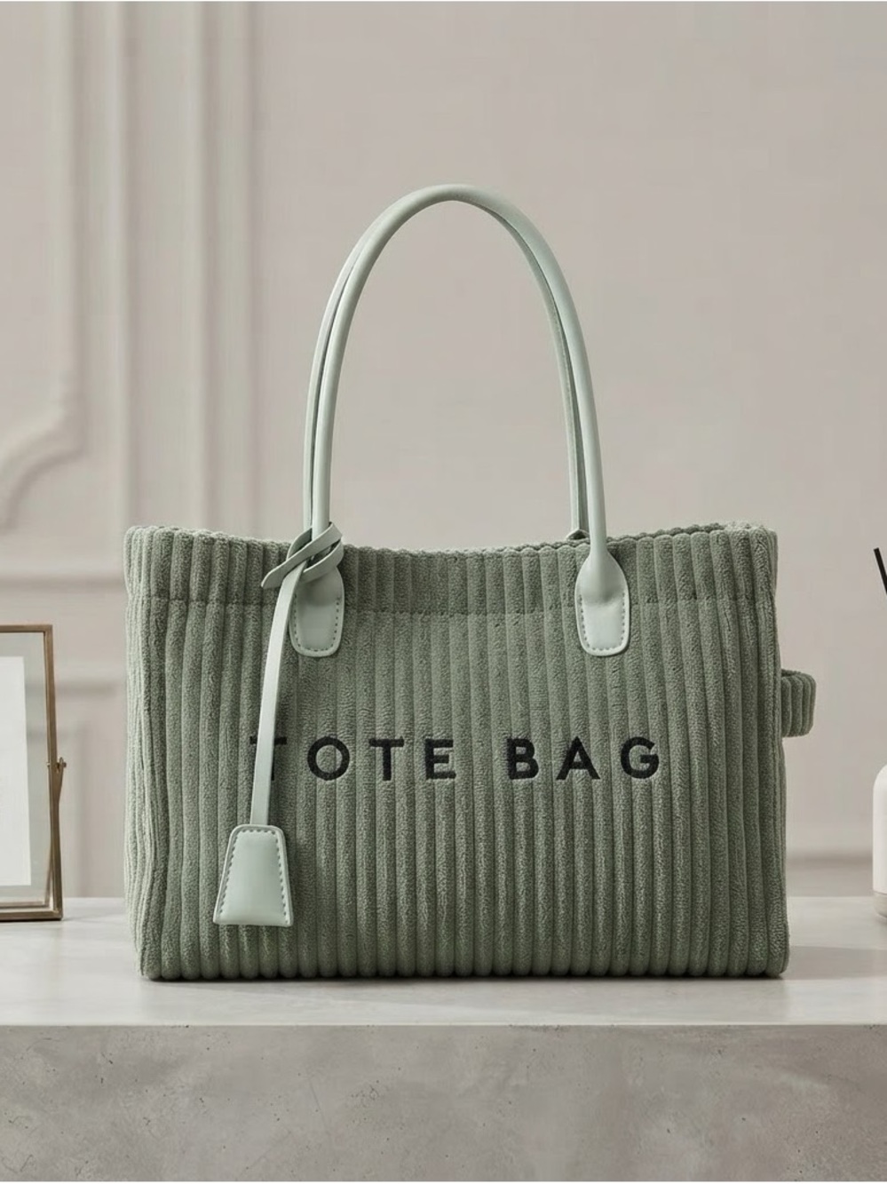Olive Corduroy Tote Bag with Leather Handles